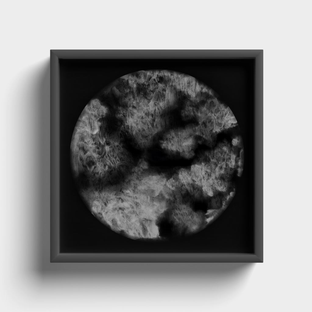 Digitally created round picture with black clouds on a black background