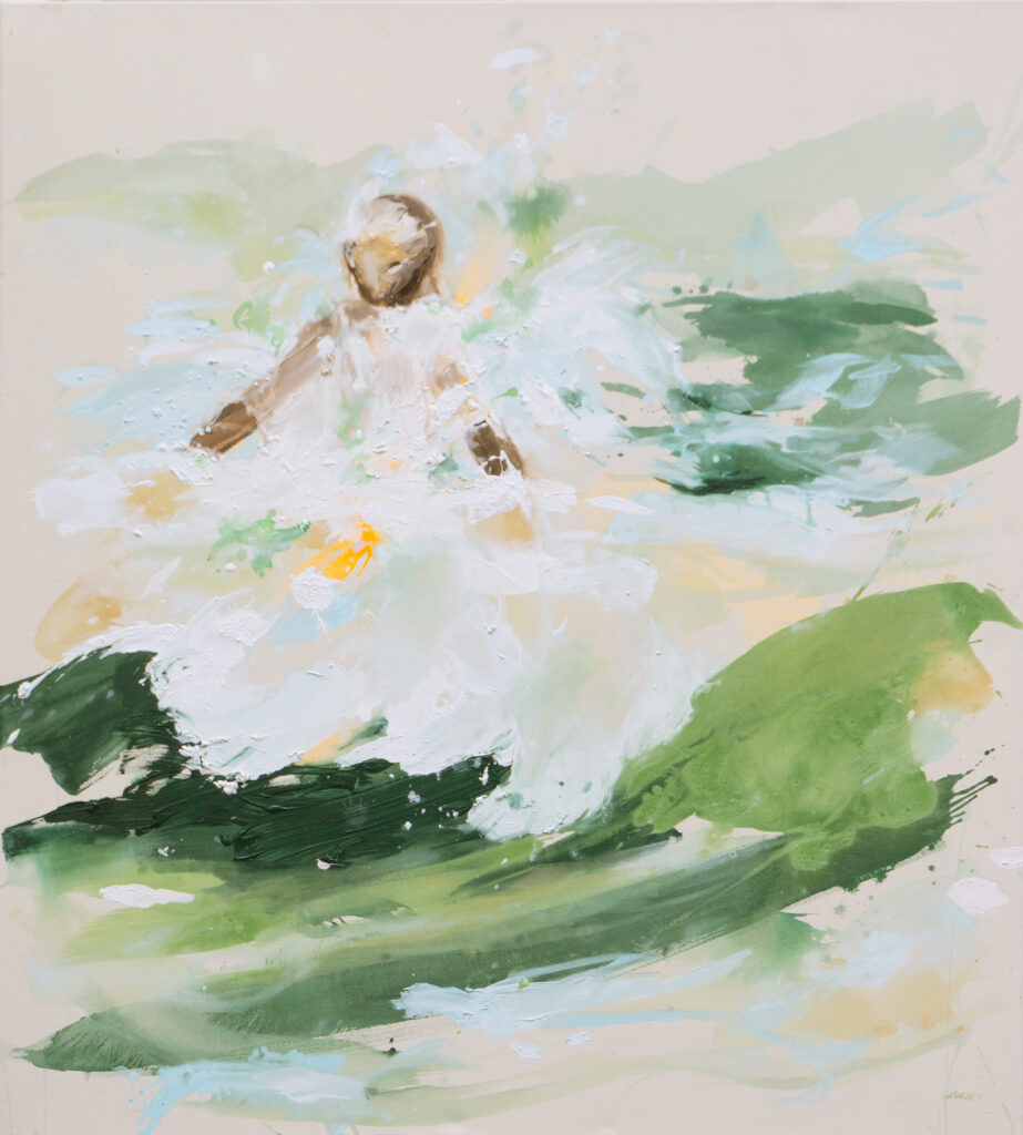 The image executed in acrylic on canvas shows a figure jumping into water that bears green and white colours.